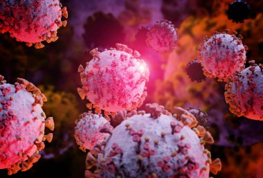 Coronavirus covid-19 hastalığının mikroskop görüntüsü. 2019-NCoV vücut hücresine yayılıyor. Bakterinin mikroskobik seviyede 3 boyutlu görüntülenmesi.