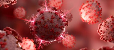 Covid-19 hastalığının mikroskobik yakın çekimi. Kırmızı Coronavirus hastalığı vücut hücrelerine yayılıyor. Mikroskop seviyesi 3D görüntüleme 2019-nCoV analizi
