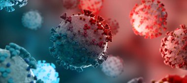 Covid-19 hastalığının mikroskobik yakın çekimi. Mavi ve Kırmızı Coronavirus hastalığı vücut hücrelerine yayılıyor. Mikroskop seviyesi 3D görüntüleme 2019-nCoV analizi