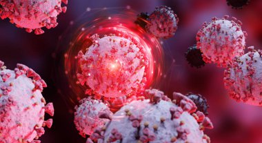 Covid-19 hastalığının mikroskobik yakın çekimi. Kırmızı Coronavirus hastalığı vücut hücrelerine yayılıyor. Mikroskop seviyesi 3D görüntüleme 2019-nCoV analizi