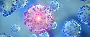 Covid-19 hastalığının mikroskobik yakın çekimi. Mavi ve Kırmızı Coronavirus hastalığı vücut hücrelerine yayılıyor. Mikroskop seviyesi 3D görüntüleme 2019-nCoV analizi