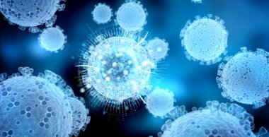 Covid-19 hastalığının mikroskobik görüntüsü. Mavi Coronavirus hastalığı vücut hücrelerine yayılıyor. Mikroskop seviyesi 3D görüntüleme 2019-nCoV analizi