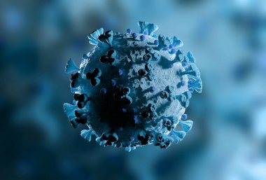 Covid-19 hastalığının mikroskobik yakın çekimi. Mavi Coronavirus hastalığı vücut hücrelerine yayılıyor. Mikroskop seviyesi 3D görüntüleme 2019-nCoV analizi