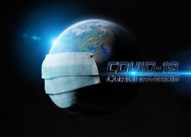 Dünya, Coronavirüs salgınından dolayı cerrahi bir maskeyle kaplandı. Covid-19 Avrupa 'da ülkeler arasında yayılıyor. 2019-Ncov, NASA tarafından desteklenen bu görüntünün 3 boyutlu elementlerini Dünya 'ya bulaştırıyor.