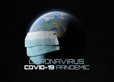 Dünya, Coronavirüs salgınından dolayı cerrahi bir maskeyle kaplandı. Covid-19 Avrupa 'da ülkeler arasında yayılıyor. 2019-Ncov, NASA tarafından desteklenen bu görüntünün 3 boyutlu elementlerini Dünya 'ya bulaştırıyor.