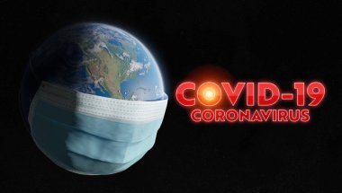 Dünya, Coronavirüs salgınından dolayı cerrahi bir maskeyle kaplandı. Covid-19 Birleşik Devletler 'e yayılıyor. 2019-Ncov, NASA tarafından desteklenen bu görüntünün 3 boyutlu elementlerini Dünya 'ya bulaştırıyor.