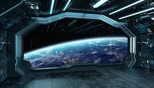 Dark Blue Spaceship Futuristic Interior Window View Planet Earth Rendering — Stock Photo, Image