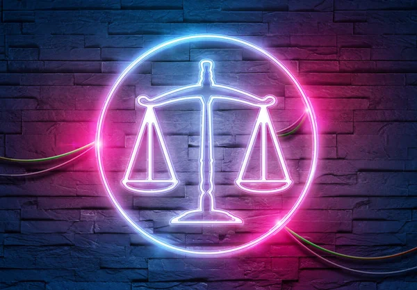 Law scale neon tubes icon illuminating a brick wall with blue and pink glowing light 3D rendering