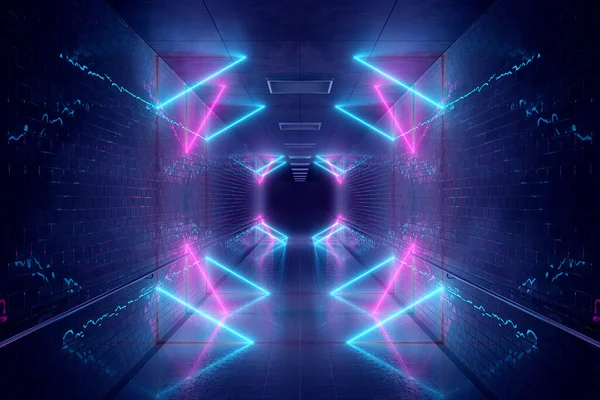 Uzun Karanlık Yeraltı Tünellerinde Parlayan Mavi Pembe Işık Tüpleri Duvarlara — Stok fotoğraf