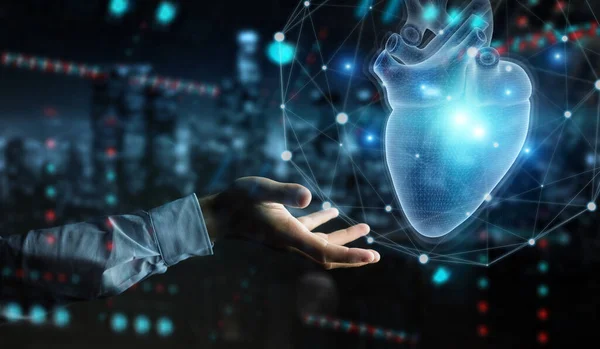 Menschenhand Auf Dunklem Hintergrund Mit Digitalem Röntgenbild Des Menschlichen Herzens — Stockfoto