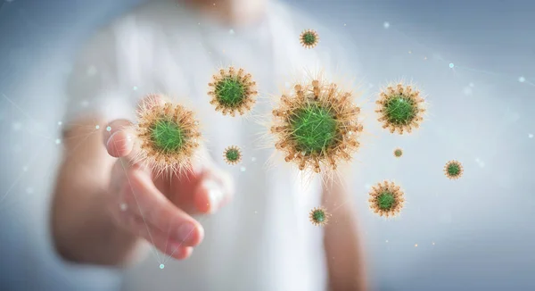 Man Blurred Background Analyzing Coronavirus Microscopic Close Rendering — Stok Foto