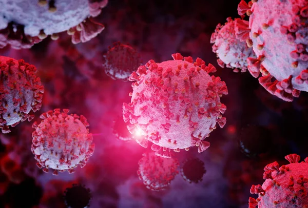 Coronavirus 'un mikroskobik seviyede 3 boyutlu görüntülenmesi. Covid-19 hastalığının mikroskop görüntüsü. 2019-nCoV vücut hücresine yayılıyor 