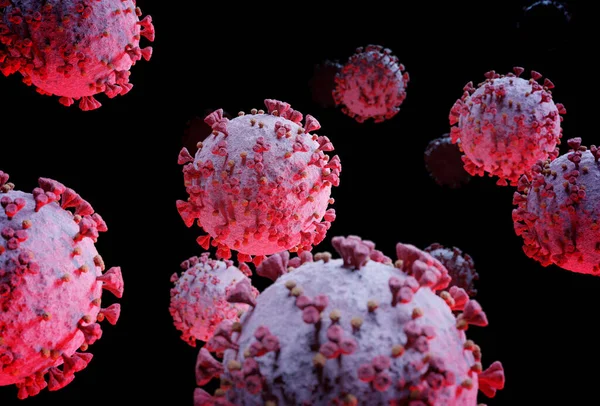 在孤立于黑色背景中的微观层面上对冠状病毒进行三维渲染 Covid 19疾病的显微镜特写 2019 Ncov在体细胞中扩散 — 图库照片