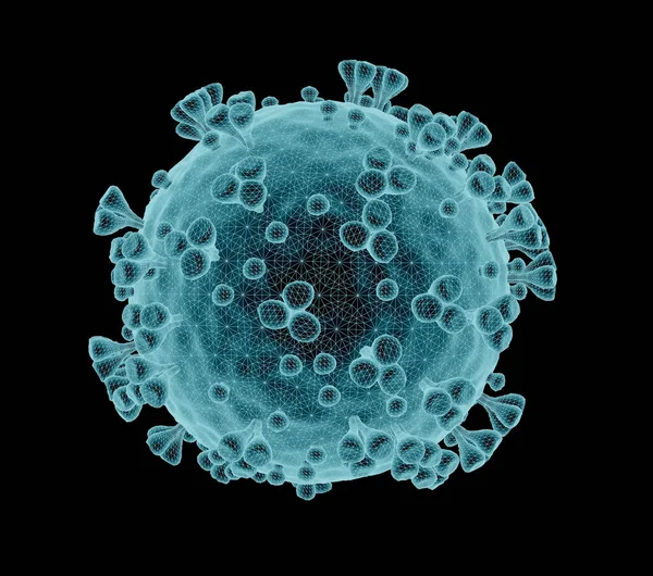 3D rendering of the coronavirus on a microscopic level isolated on black background. Microscope close-up of the covid-19 disease. 2019-nCoV virus view on microscope