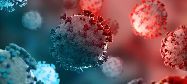 Primer Plano Microscópico Enfermedad Covid Enfermedad Por Coronavirus Azul Rojo — Foto de Stock