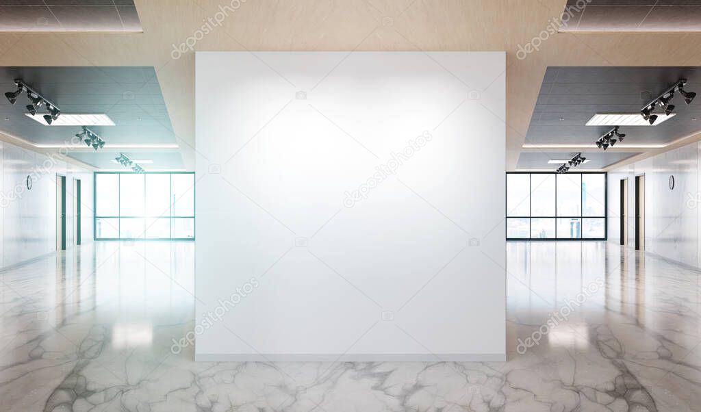 Blank wall in bright marble and wooden office mockup with large windows and sun passing through 3D rendering