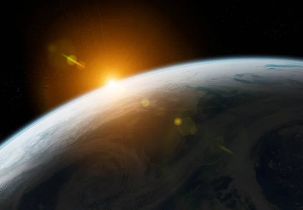 Pohled Modrou Planetu Země Zblízka Atmosférou Během Východu Slunce Vykreslování — Stock fotografie