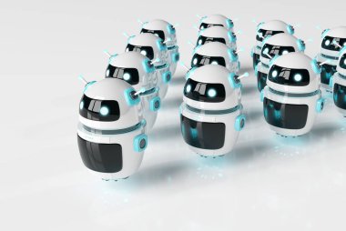 Beyaz robot, beyaz arka plan liderliğindeki robotlara liderlik ediyor.