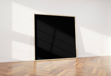 Ahşap zemin mockup 3d render ile parlak beyaz iç yaslanmış kare ahşap çerçeve