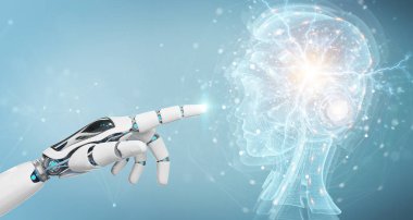 Dijital yapay zeka holografik projeksiyonunu kullanarak bulanık arkaplan üzerindeki Cyborg 3D görüntüleme