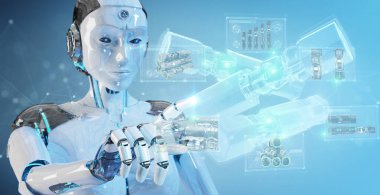 Bulanık arka planda tutulan ve yeşil yenilenebilir enerji bataryasına dokunan robot 3D