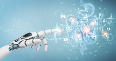 İnsan bağırsağı tarama projeksiyonunun dijital röntgenini kullanarak bulanık arkaplan üzerindeki robot 3D görüntüleme