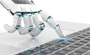 Bir dizüstü bilgisayar 3d render bir klavye tuşuna basarak robot cyborg el Beyaz