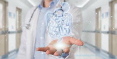 Gastroenterologist on blurred background using digital x-ray of human intestine holographic scan projection 3D rendering clipart