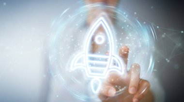 Başlangıçta dijital neon arayüzü kullanan bulanık arkaplan üzerindeki kadın 3B oluşturma