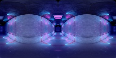 Yeraltı dünyasının fütüristik HDRI iç mimarisi. Duvarlara ve yere yansıyan parlak mavi ve pembe neon ışık tüpleri. 360 panorama yansıması uzun renkli bir tünelin 3D görüntülemesi