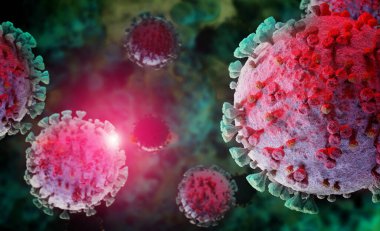 Coronavirus 'un mikroskobik seviyede 3 boyutlu görüntülenmesi. Covid-19 hastalığının mikroskop görüntüsü. 2019-nCoV vücut hücresine yayılıyor 