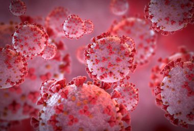 Coronavirus 'un mikroskobik seviyede 3 boyutlu görüntülenmesi. Covid-19 hastalığının mikroskop görüntüsü. 2019-nCoV vücut hücresine yayılıyor 