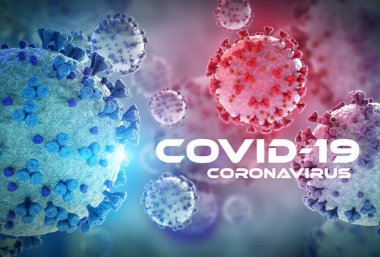 Coronavirus 'un mikroskobik seviyede 3 boyutlu görüntülenmesi. Covid-19 hastalığının mikroskop görüntüsü. 2019-nCoV vücut hücresine yayılıyor 