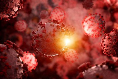 Coronavirus covid-19 hastalığının mikroskop görüntüsü. 2019-NCoV vücut hücresine yayılıyor. Bakterinin mikroskobik seviyede 3 boyutlu görüntülenmesi.