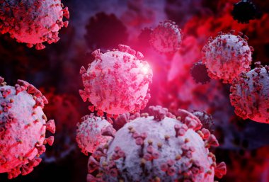 Coronavirus covid-19 hastalığının mikroskop görüntüsü. 2019-NCoV vücut hücresine yayılıyor. Bakterinin mikroskobik seviyede 3 boyutlu görüntülenmesi.