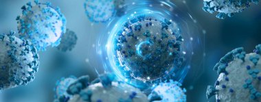 Covid-19 hastalığının mikroskobik yakın çekimi. Mavi Coronavirus hastalığı vücut hücrelerine yayılıyor. Mikroskop seviyesi 3D görüntüleme 2019-nCoV analizi