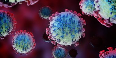 Covid-19 hastalığının mikroskobik yakın çekimi. Kırmızı ve Mavi Coronavirus hastalığı vücut hücrelerine yayılıyor. Mikroskop seviyesi 3D görüntüleme 2019-nCoV analizi