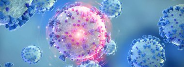 Covid-19 hastalığının mikroskobik yakın çekimi. Mavi ve Kırmızı Coronavirus hastalığı vücut hücrelerine yayılıyor. Mikroskop seviyesi 3D görüntüleme 2019-nCoV analizi