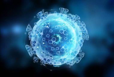 Covid-19 hastalığının mikroskobik görüntüsü. Mavi Coronavirus hastalığı vücut hücrelerine yayılıyor. Mikroskop seviyesi 3D görüntüleme 2019-nCoV analizi