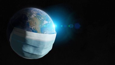 Dünya, Coronavirüs salgınından dolayı cerrahi bir maskeyle kaplandı. Covid-19 Birleşik Devletler 'e yayılıyor. 2019-Ncov, NASA tarafından desteklenen bu görüntünün 3 boyutlu elementlerini Dünya 'ya bulaştırıyor.