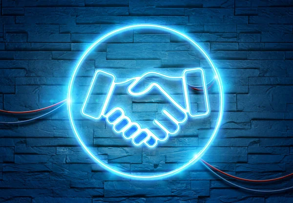 Handshake Icona Tubi Neon Illuminare Muro Mattoni Con Luce Blu — Foto Stock