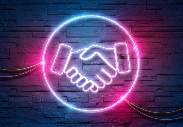 Handshake Neon Tubes Icon Illuminating Brick Wall Blue Pink Glowing — Stock Photo, Image