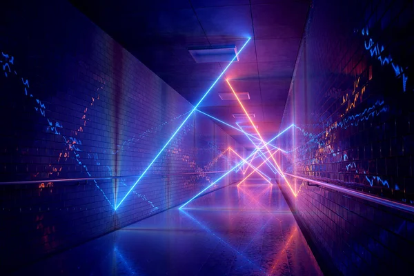 Glowing blue and orange neon light tubes in long dark underground tunnel reflecting on walls and floor abstract background 3D rendering