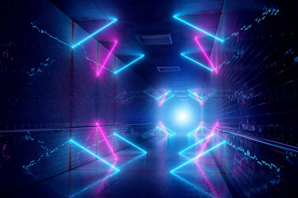 Glowing Blue Pink Neon Light Tubes Long Dark Underground Tunnel — Φωτογραφία Αρχείου