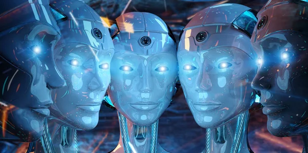 Group of female robots heads close to each others cyborg army concept 3d rendering