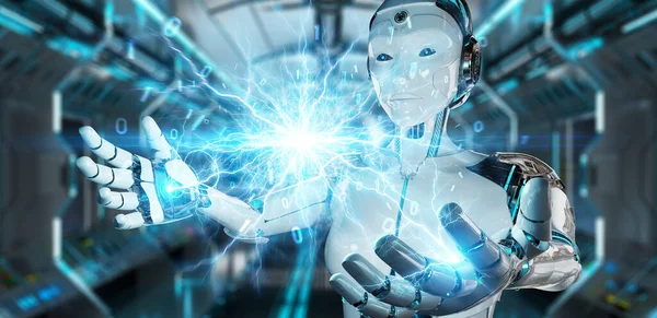 Robot Humanoid Putih Dengan Latar Belakang Kabur Menciptakan Energi Ramah — Stok Foto