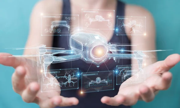 Woman Blurred Background Holding Touching Modern Drone Her Hand Rendering — Stock Photo, Image