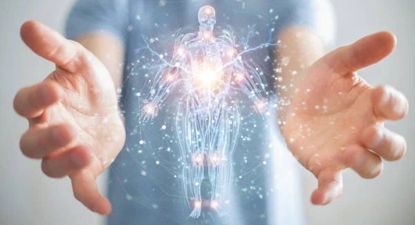 Bulanık Arkaplandaki Adam Dijital Ray Insan Vücut Holografik Tarama Projeksiyonu — Stok fotoğraf