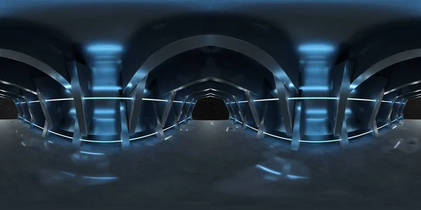 高分辨率Hdri全景的深蓝色未来派内部看起来像宇宙飞船 360幅大型棚屋内部3D渲染全景映像 — 图库照片