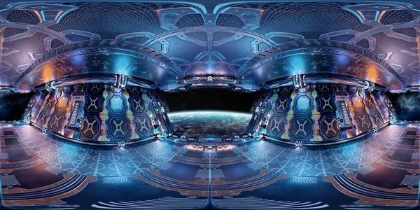 高分辨率Hdri全景图像彩色宇宙飞船内部 360幅未来宇宙飞船房3D渲染全景映像 美国航天局提供的这一图像的要素 — 图库照片